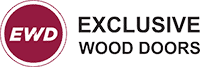 Exclusive Wood Doors logo featuring stylized text with elegant wood grain texture on a transparent background.